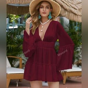 Missord Burgundy V-Neck Dress